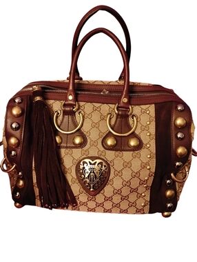 Gucci  Babouska Vintage Beige Brown Studded Canvas Boston Bag